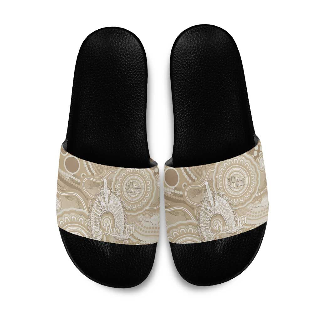 50 Years Deadly NAIDOC Week 2026 Personalised Slide Sandals Dhari Beige Indigenous Art