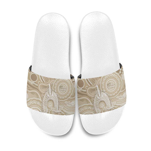 50 Years Deadly NAIDOC Week 2026 Personalised Slide Sandals Dhari Beige Indigenous Art
