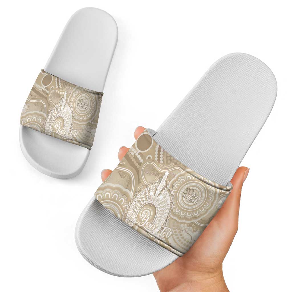 50 Years Deadly NAIDOC Week 2026 Personalised Slide Sandals Dhari Beige Indigenous Art