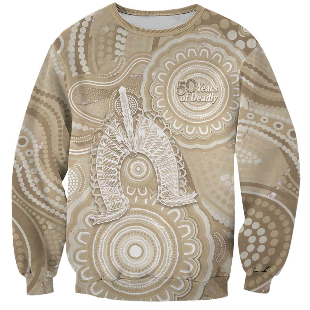 50 Years Deadly NAIDOC Week 2026 Personalised Sweatshirt Dhari Beige Indigenous Art