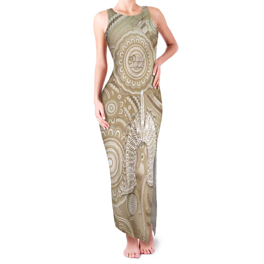50 Years Deadly NAIDOC Week 2026 Personalised Tank Maxi Dress Dhari Beige Indigenous Art