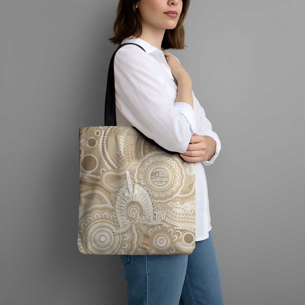 50 Years Deadly NAIDOC Week 2026 Personalised Tote Bag Dhari Beige Indigenous Art