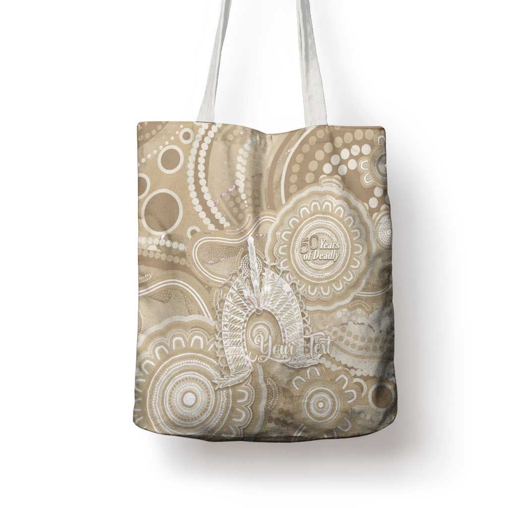 50 Years Deadly NAIDOC Week 2026 Personalised Tote Bag Dhari Beige Indigenous Art