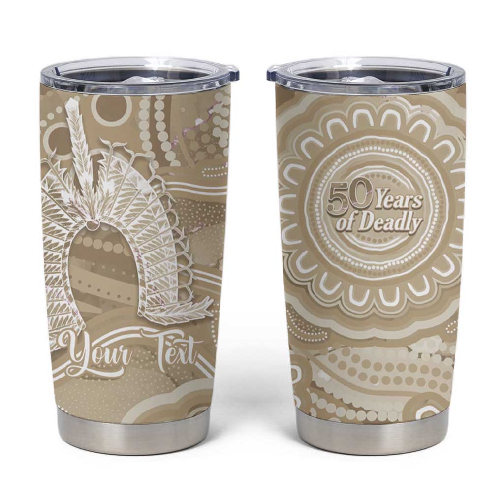 50 Years Deadly NAIDOC Week 2026 Personalised Tumbler Cup Dhari Beige Indigenous Art