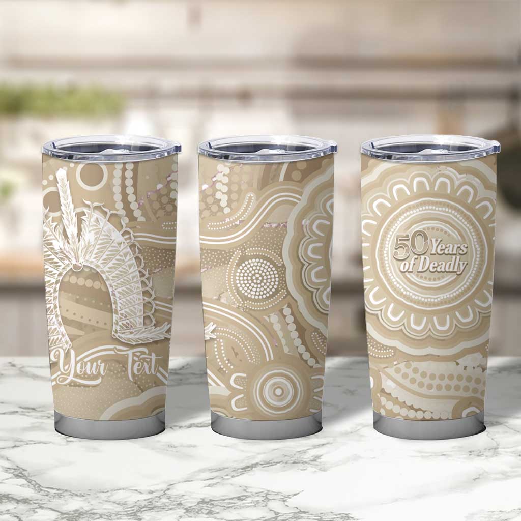 50 Years Deadly NAIDOC Week 2026 Personalised Tumbler Cup Dhari Beige Indigenous Art
