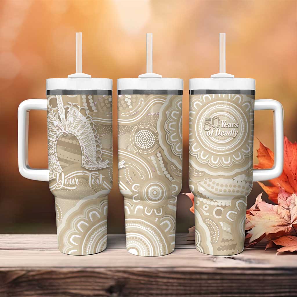 50 Years Deadly NAIDOC Week 2026 Personalised Tumbler With Handle Dhari Beige Indigenous Art