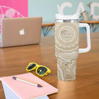 50 Years Deadly NAIDOC Week 2026 Personalised Tumbler With Handle Dhari Beige Indigenous Art