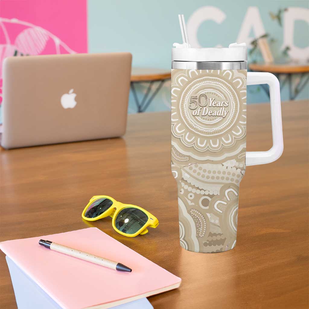 50 Years Deadly NAIDOC Week 2026 Personalised Tumbler With Handle Dhari Beige Indigenous Art