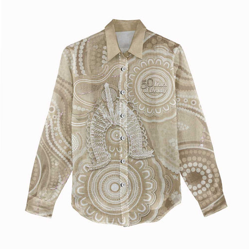 50 Years Deadly NAIDOC Week 2026 Personalised Women Casual Shirt Dhari Beige Indigenous Art