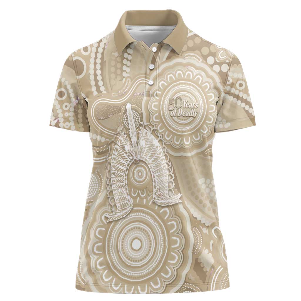 50 Years Deadly NAIDOC Week 2026 Personalised Women Polo Shirt Dhari Beige Indigenous Art