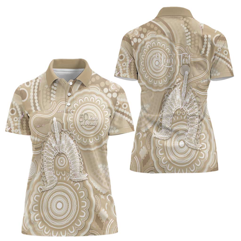 50 Years Deadly NAIDOC Week 2026 Personalised Women Polo Shirt Dhari Beige Indigenous Art