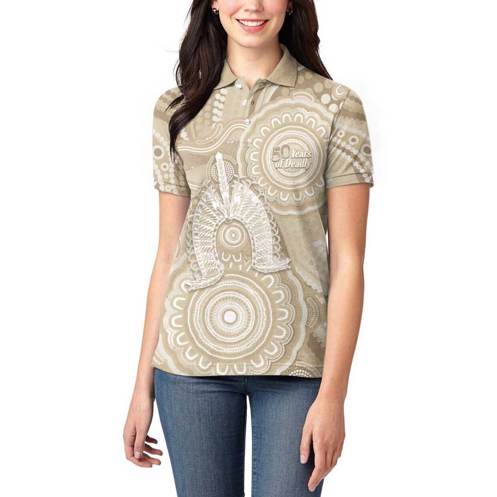 50 Years Deadly NAIDOC Week 2026 Personalised Women Polo Shirt Dhari Beige Indigenous Art