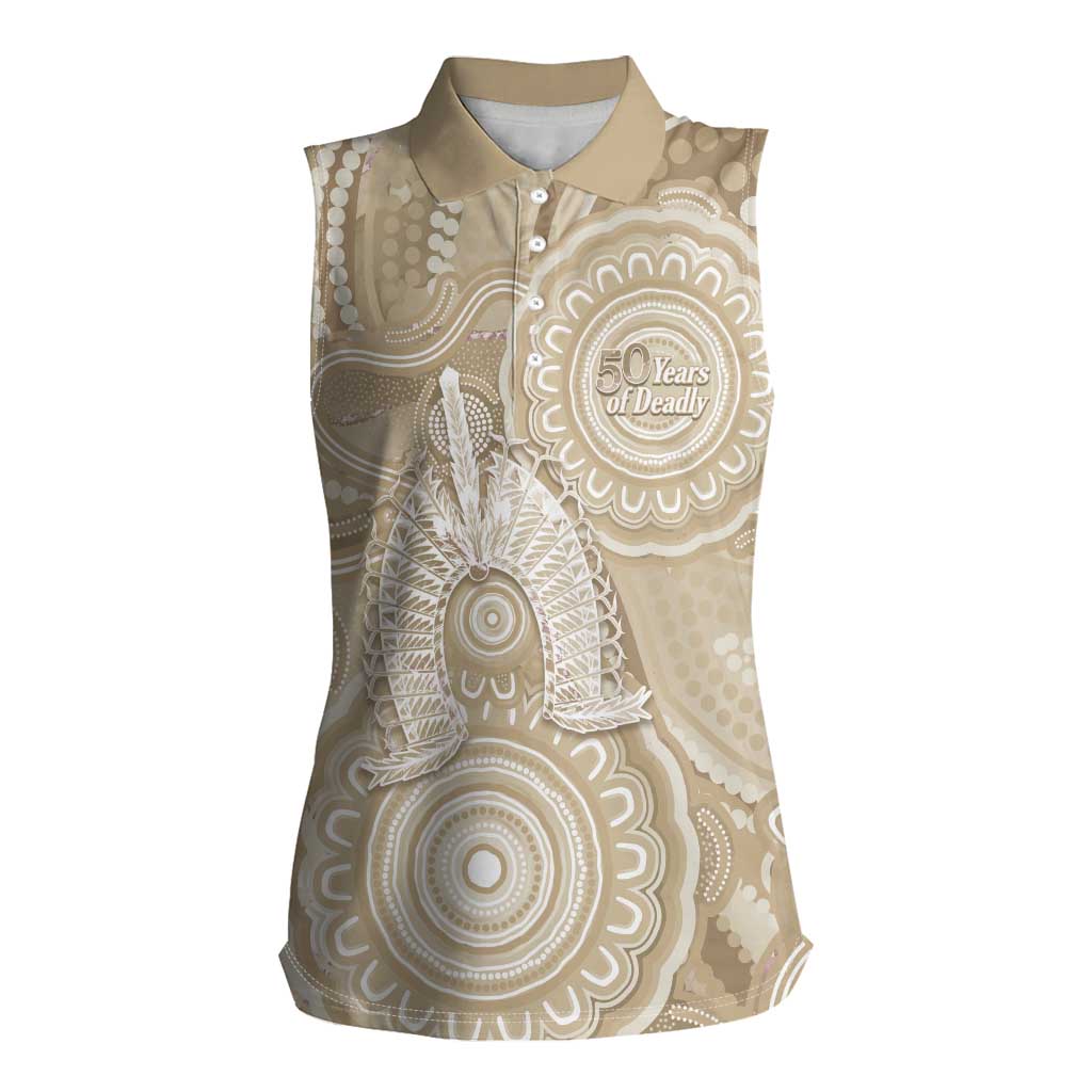 50 Years Deadly NAIDOC Week 2026 Personalised Women Sleeveless Polo Shirt Dhari Beige Indigenous Art