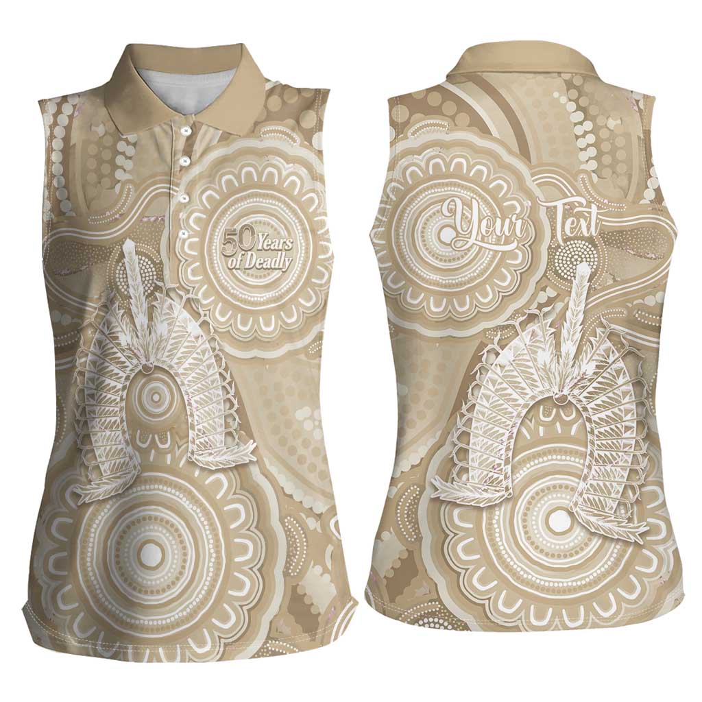50 Years Deadly NAIDOC Week 2026 Personalised Women Sleeveless Polo Shirt Dhari Beige Indigenous Art
