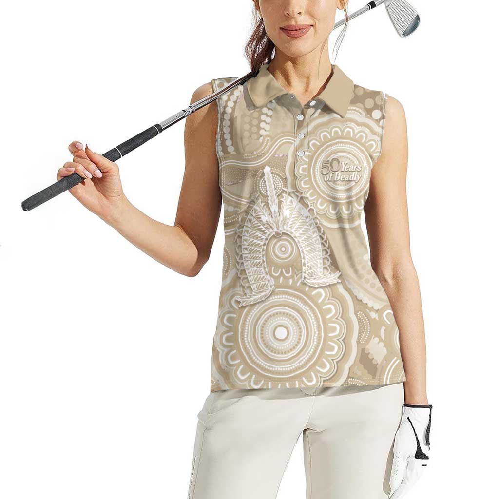 50 Years Deadly NAIDOC Week 2026 Personalised Women Sleeveless Polo Shirt Dhari Beige Indigenous Art