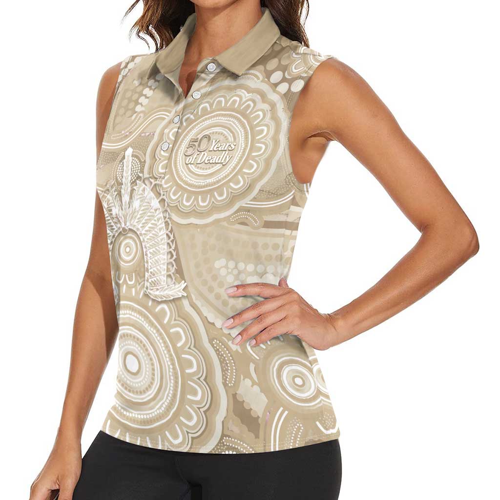 50 Years Deadly NAIDOC Week 2026 Personalised Women Sleeveless Polo Shirt Dhari Beige Indigenous Art