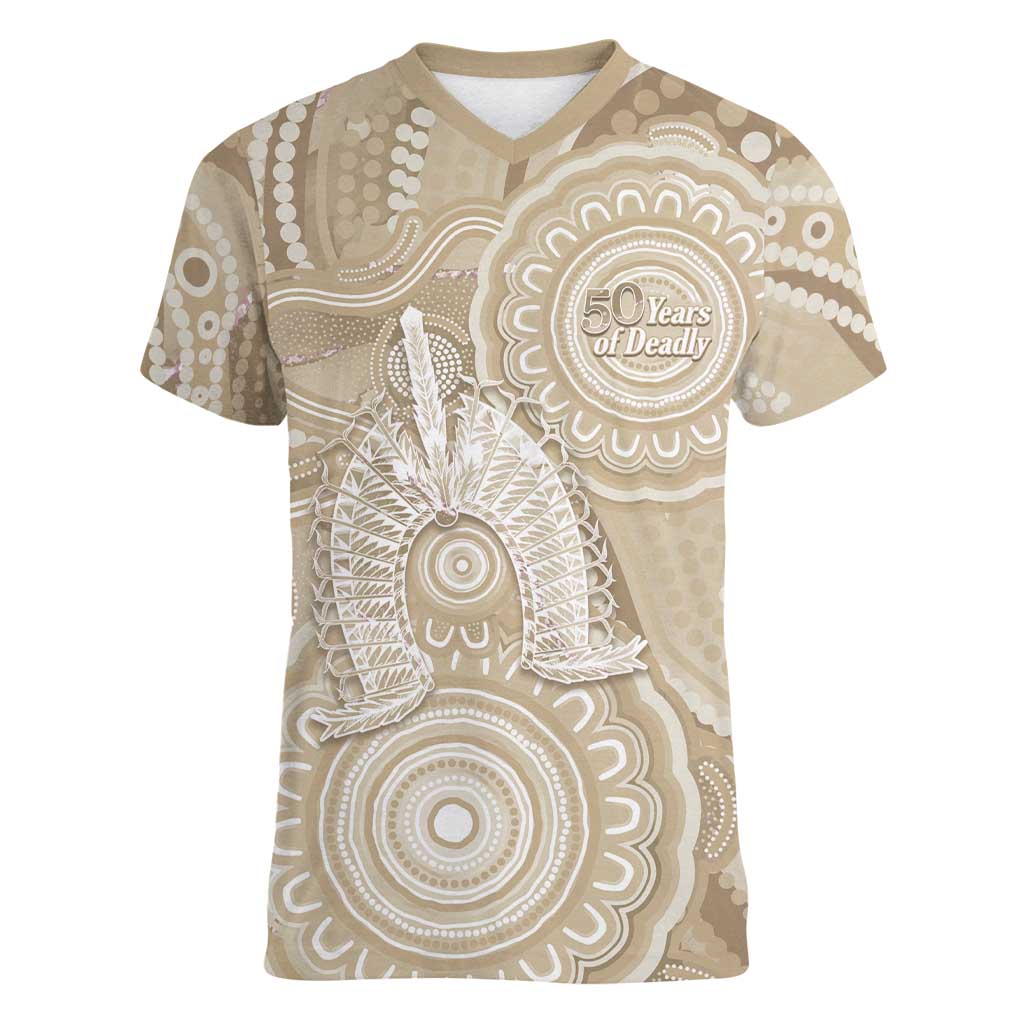 50 Years Deadly NAIDOC Week 2026 Personalised Women V-Neck T-Shirt Dhari Beige Indigenous Art