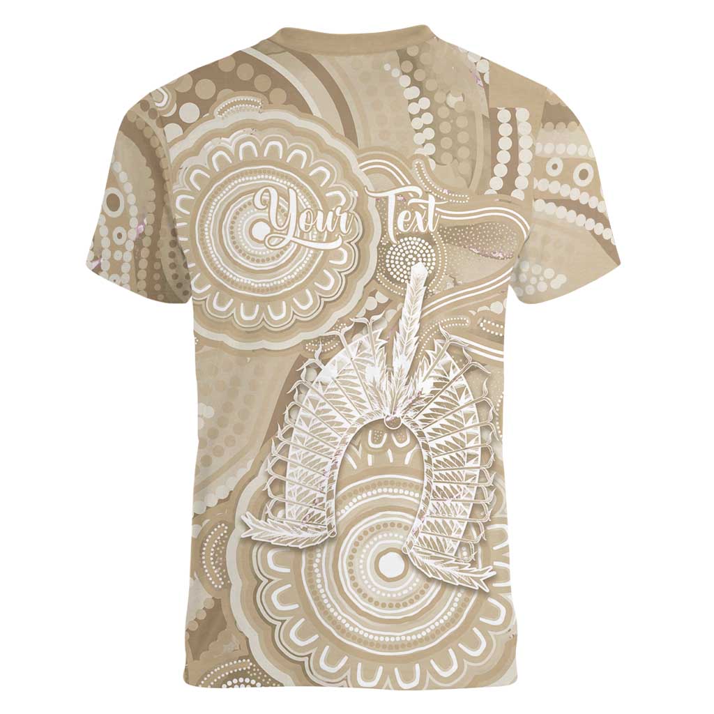 50 Years Deadly NAIDOC Week 2026 Personalised Women V-Neck T-Shirt Dhari Beige Indigenous Art