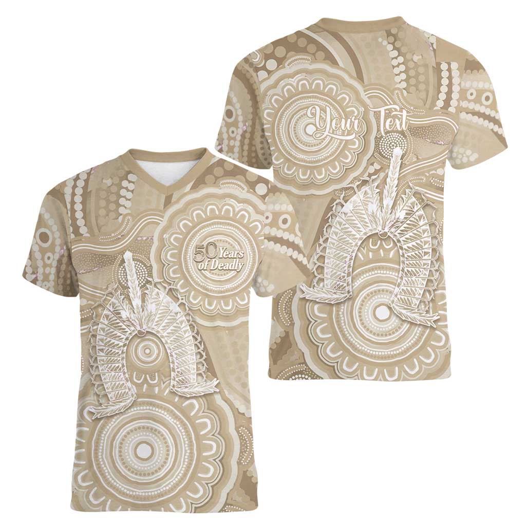50 Years Deadly NAIDOC Week 2026 Personalised Women V-Neck T-Shirt Dhari Beige Indigenous Art