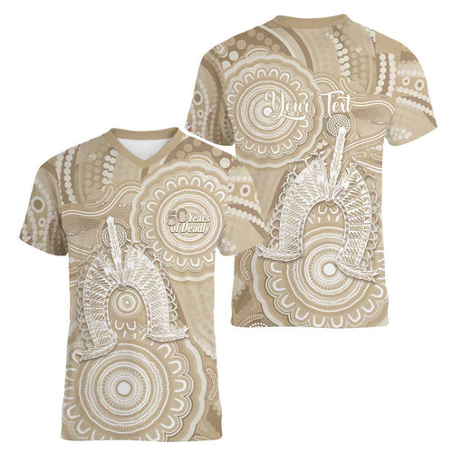 50 Years Deadly NAIDOC Week 2026 Personalised Women V-Neck T-Shirt Dhari Beige Indigenous Art
