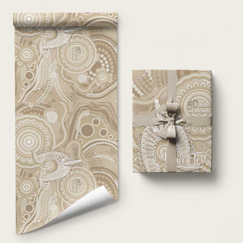 50 Years Deadly NAIDOC Week 2026 Personalised Wrapping Paper Dhari Beige Indigenous Art