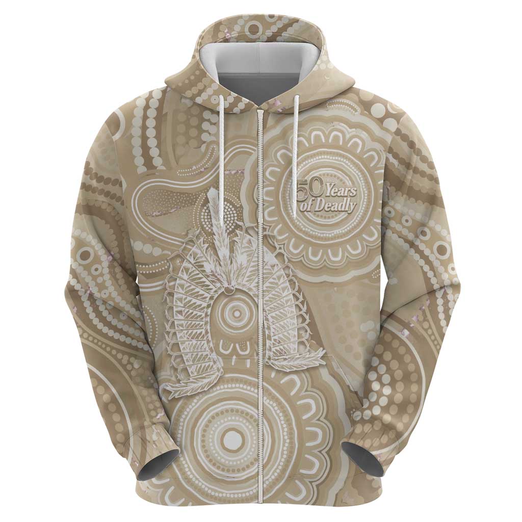 50 Years Deadly NAIDOC Week 2026 Personalised Zip Hoodie Dhari Beige Indigenous Art