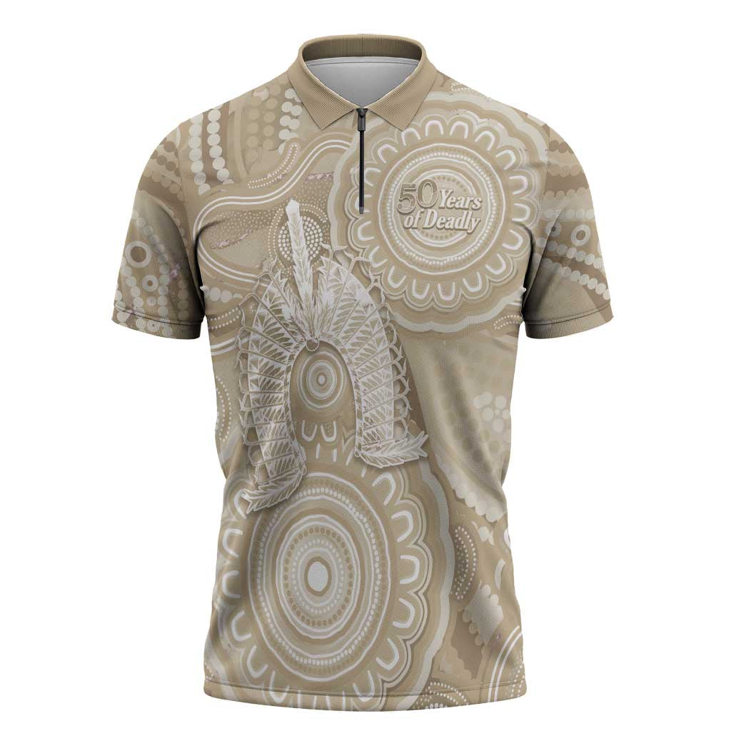 50 Years Deadly NAIDOC Week 2026 Personalised Zipper Polo Shirt Dhari Beige Indigenous Art