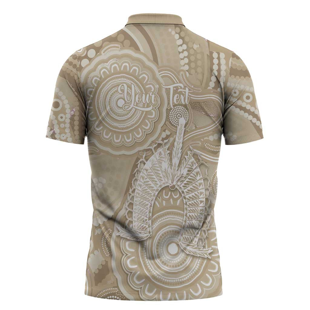 50 Years Deadly NAIDOC Week 2026 Personalised Zipper Polo Shirt Dhari Beige Indigenous Art