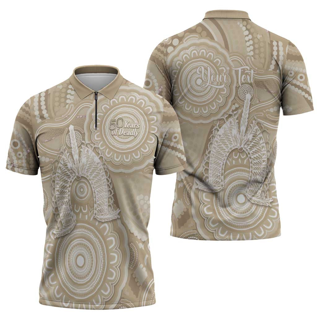 50 Years Deadly NAIDOC Week 2026 Personalised Zipper Polo Shirt Dhari Beige Indigenous Art