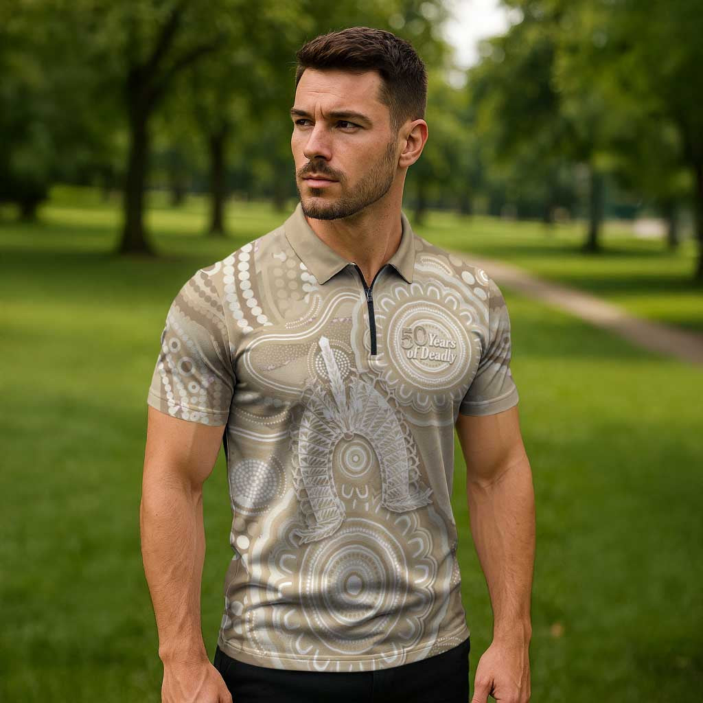 50 Years Deadly NAIDOC Week 2026 Personalised Zipper Polo Shirt Dhari Beige Indigenous Art