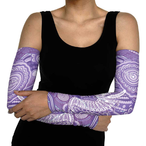 50 Years Deadly NAIDOC Week 2026 Personalised Arm Sleeves Dhari Purple Indigenous Art