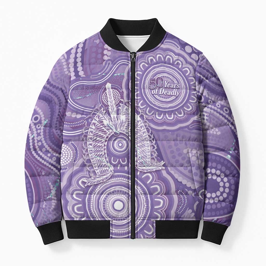 50 Years Deadly NAIDOC Week 2026 Personalised Bomber Puffer Jacket Dhari Purple Indigenous Art