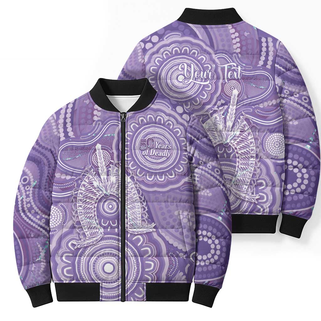 50 Years Deadly NAIDOC Week 2026 Personalised Bomber Puffer Jacket Dhari Purple Indigenous Art