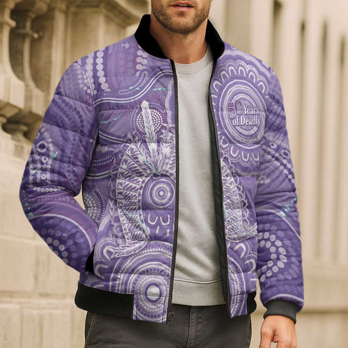 50 Years Deadly NAIDOC Week 2026 Personalised Bomber Puffer Jacket Dhari Purple Indigenous Art
