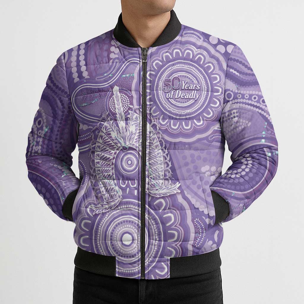50 Years Deadly NAIDOC Week 2026 Personalised Bomber Puffer Jacket Dhari Purple Indigenous Art