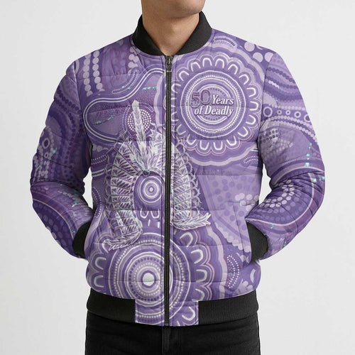 50 Years Deadly NAIDOC Week 2026 Personalised Bomber Puffer Jacket Dhari Purple Indigenous Art