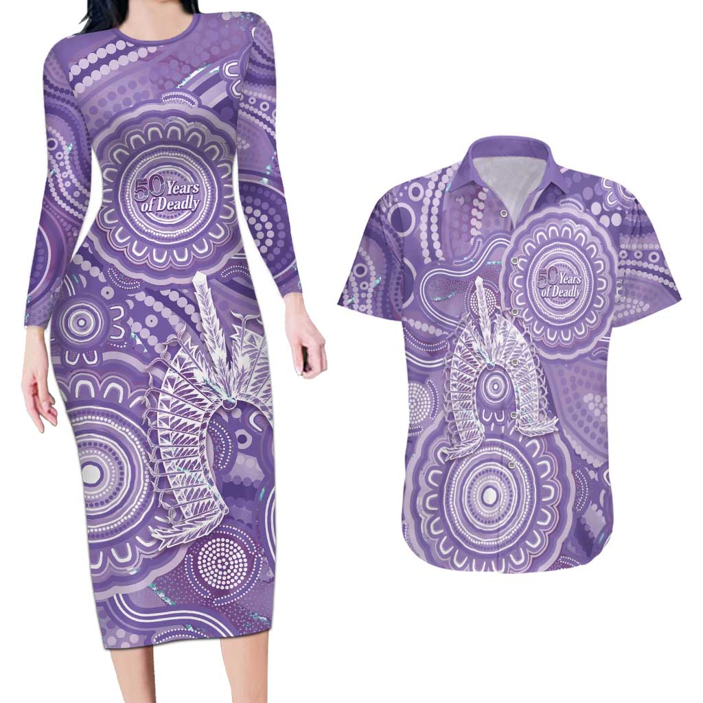 50 Years Deadly NAIDOC Week 2026 Personalised Couples Matching Long Sleeve Bodycon Dress and Hawaiian Shirt Dhari Purple Indigenous Art
