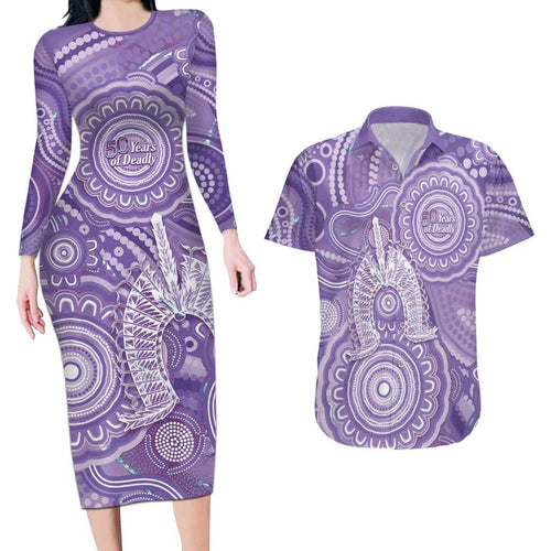 50 Years Deadly NAIDOC Week 2026 Personalised Couples Matching Long Sleeve Bodycon Dress and Hawaiian Shirt Dhari Purple Indigenous Art