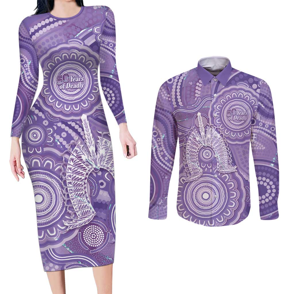 50 Years Deadly NAIDOC Week 2026 Personalised Couples Matching Long Sleeve Bodycon Dress and Long Sleeve Button Shirt Dhari Purple Indigenous Art