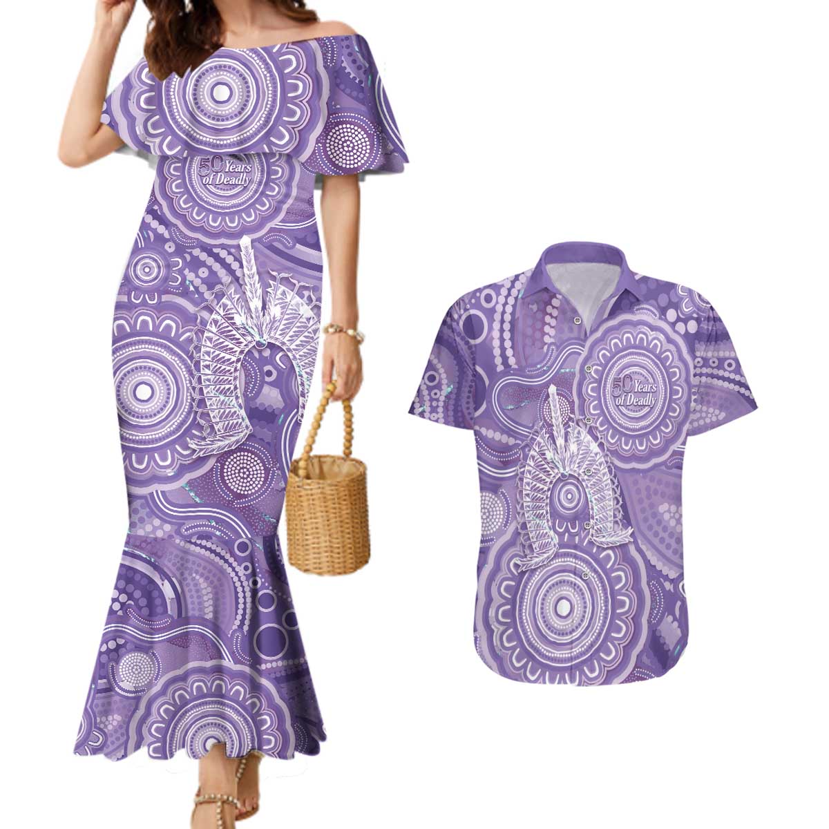 50 Years Deadly NAIDOC Week 2026 Personalised Couples Matching Mermaid Dress and Hawaiian Shirt Dhari Purple Indigenous Art