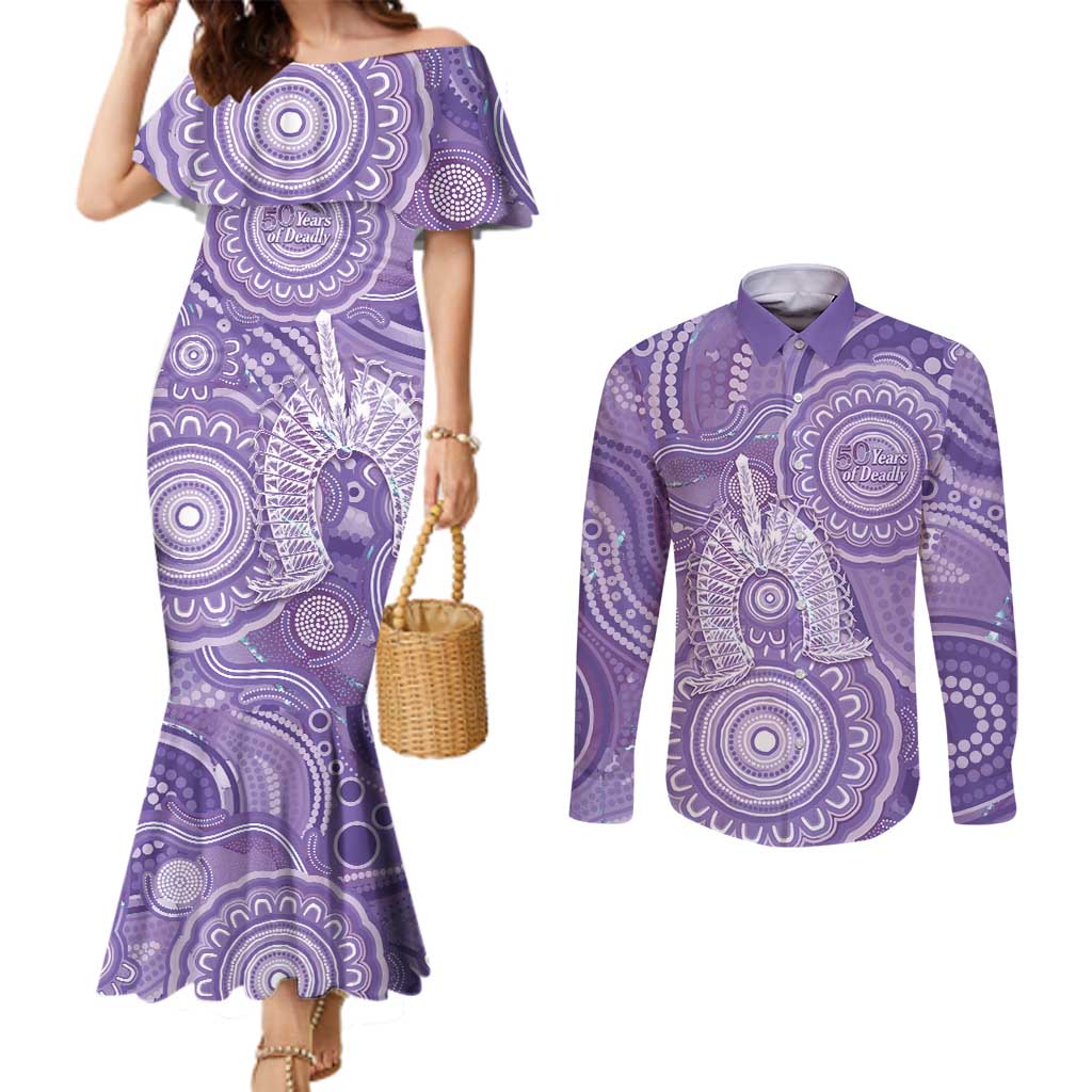 50 Years Deadly NAIDOC Week 2026 Personalised Couples Matching Mermaid Dress and Long Sleeve Button Shirt Dhari Purple Indigenous Art