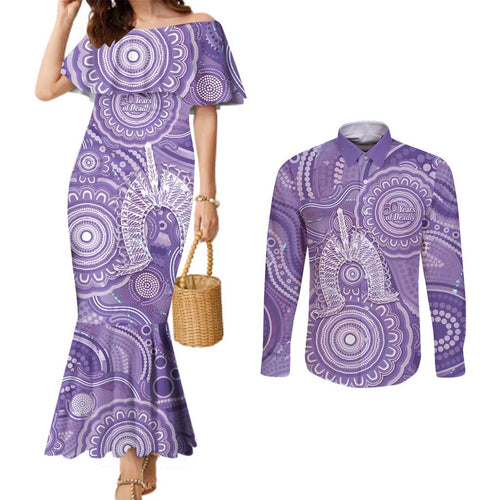 50 Years Deadly NAIDOC Week 2026 Personalised Couples Matching Mermaid Dress and Long Sleeve Button Shirt Dhari Purple Indigenous Art
