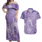 50 Years Deadly NAIDOC Week 2026 Personalised Couples Matching Off Shoulder Maxi Dress and Hawaiian Shirt Dhari Purple Indigenous Art