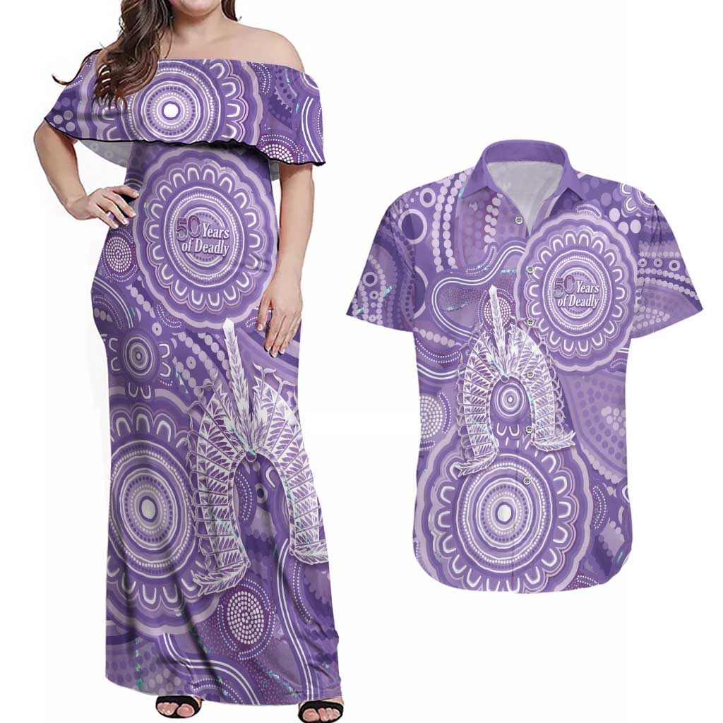 50 Years Deadly NAIDOC Week 2026 Personalised Couples Matching Off Shoulder Maxi Dress and Hawaiian Shirt Dhari Purple Indigenous Art