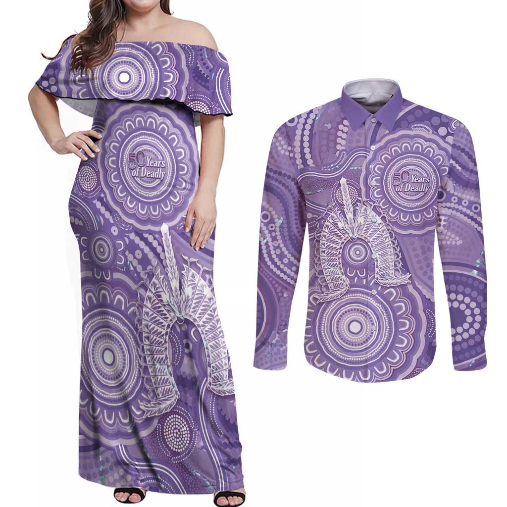 50 Years Deadly NAIDOC Week 2026 Personalised Couples Matching Off Shoulder Maxi Dress and Long Sleeve Button Shirt Dhari Purple Indigenous Art