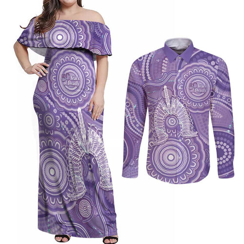 50 Years Deadly NAIDOC Week 2026 Personalised Couples Matching Off Shoulder Maxi Dress and Long Sleeve Button Shirt Dhari Purple Indigenous Art