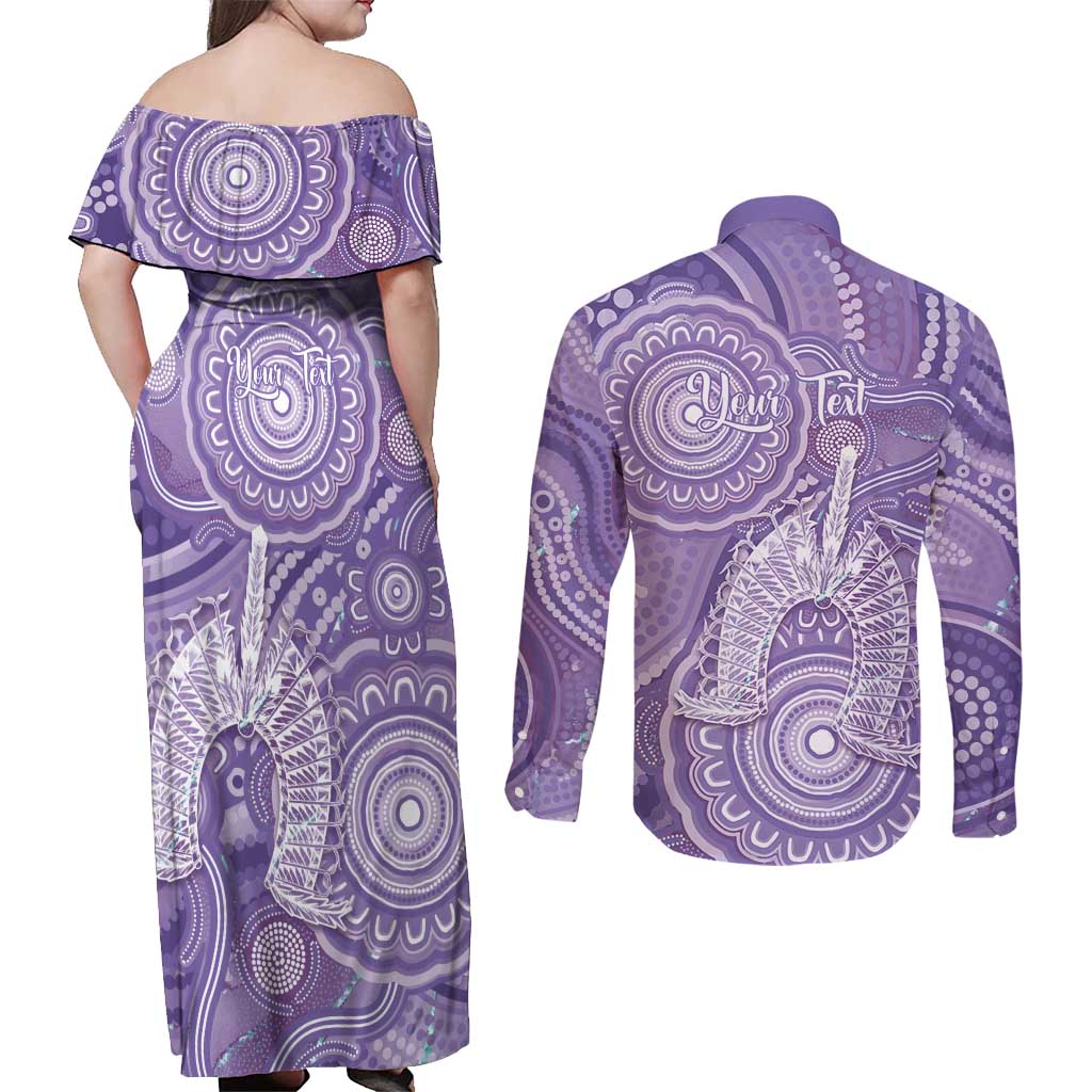 50 Years Deadly NAIDOC Week 2026 Personalised Couples Matching Off Shoulder Maxi Dress and Long Sleeve Button Shirt Dhari Purple Indigenous Art