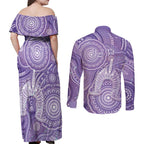 50 Years Deadly NAIDOC Week 2026 Personalised Couples Matching Off Shoulder Maxi Dress and Long Sleeve Button Shirt Dhari Purple Indigenous Art