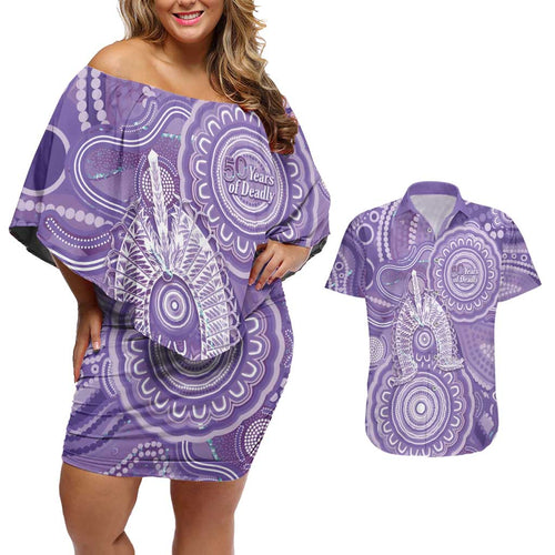 50 Years Deadly NAIDOC Week 2026 Personalised Couples Matching Off Shoulder Short Dress and Hawaiian Shirt Dhari Purple Indigenous Art