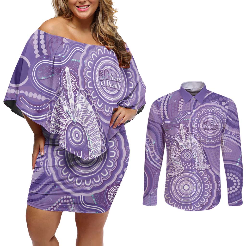 50 Years Deadly NAIDOC Week 2026 Personalised Couples Matching Off Shoulder Short Dress and Long Sleeve Button Shirt Dhari Purple Indigenous Art